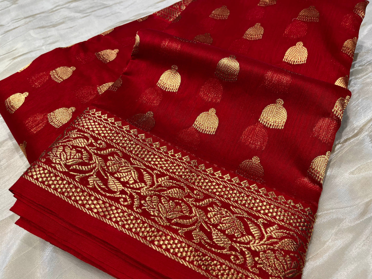 RED COLOUR PURE CHANDERI KATAN SILK HANDLOOM SAREE EMBELLISHED WITH ZARI BORDER & BOOTI