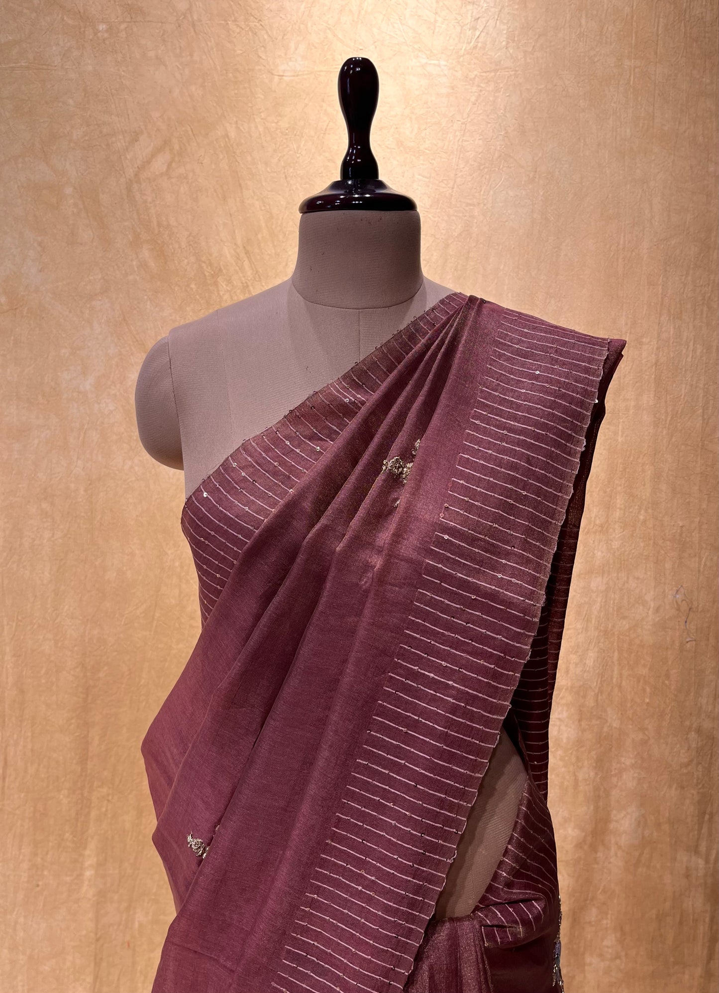 ONION PINK COLOUR HANDLOOM CHANDERI SILK HAND EMBROIDERED SAREE EMBELLISHED WITH ZARDOSI WORK