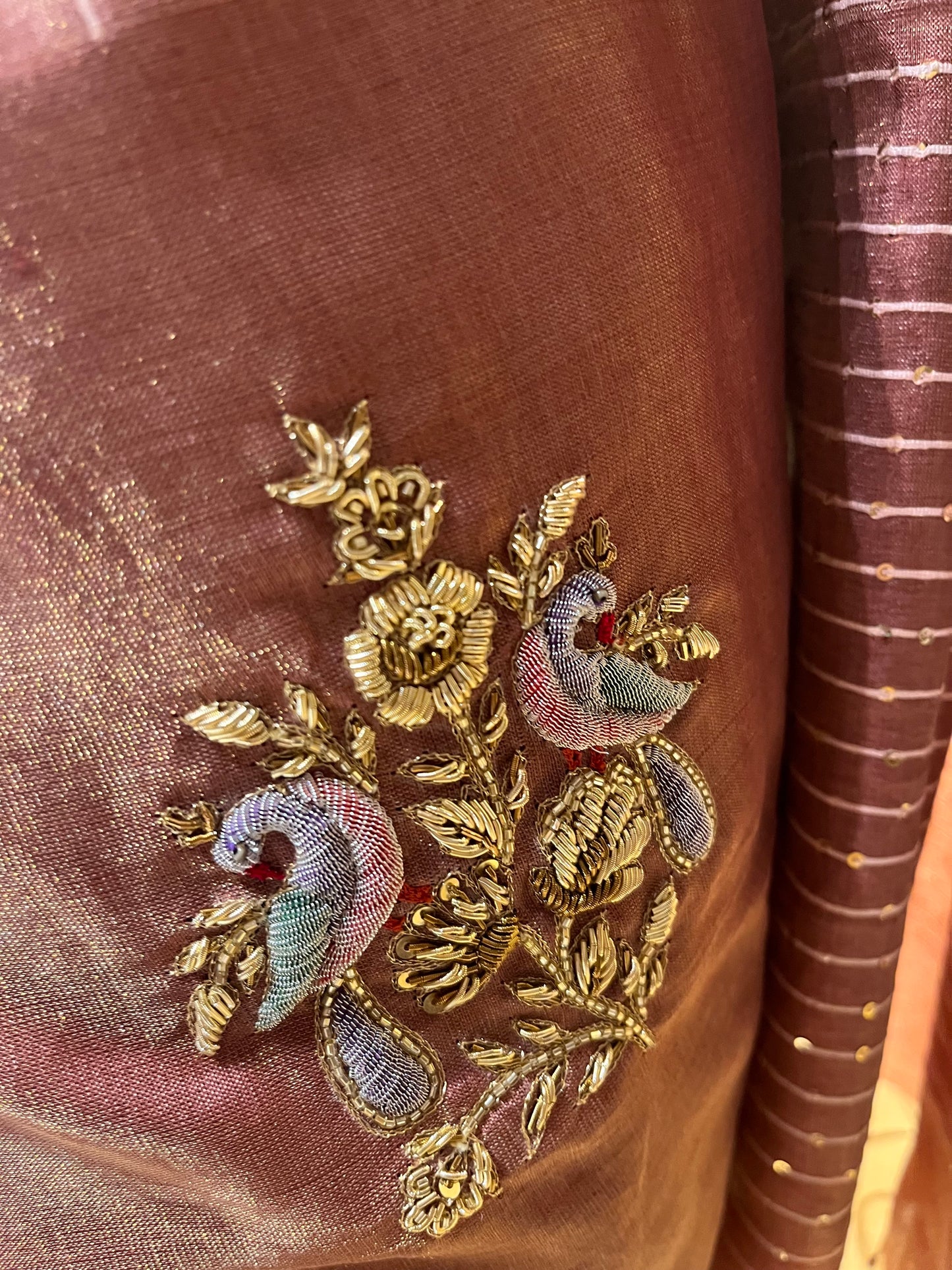 ONION PINK COLOUR HANDLOOM CHANDERI SILK HAND EMBROIDERED SAREE EMBELLISHED WITH ZARDOSI WORK