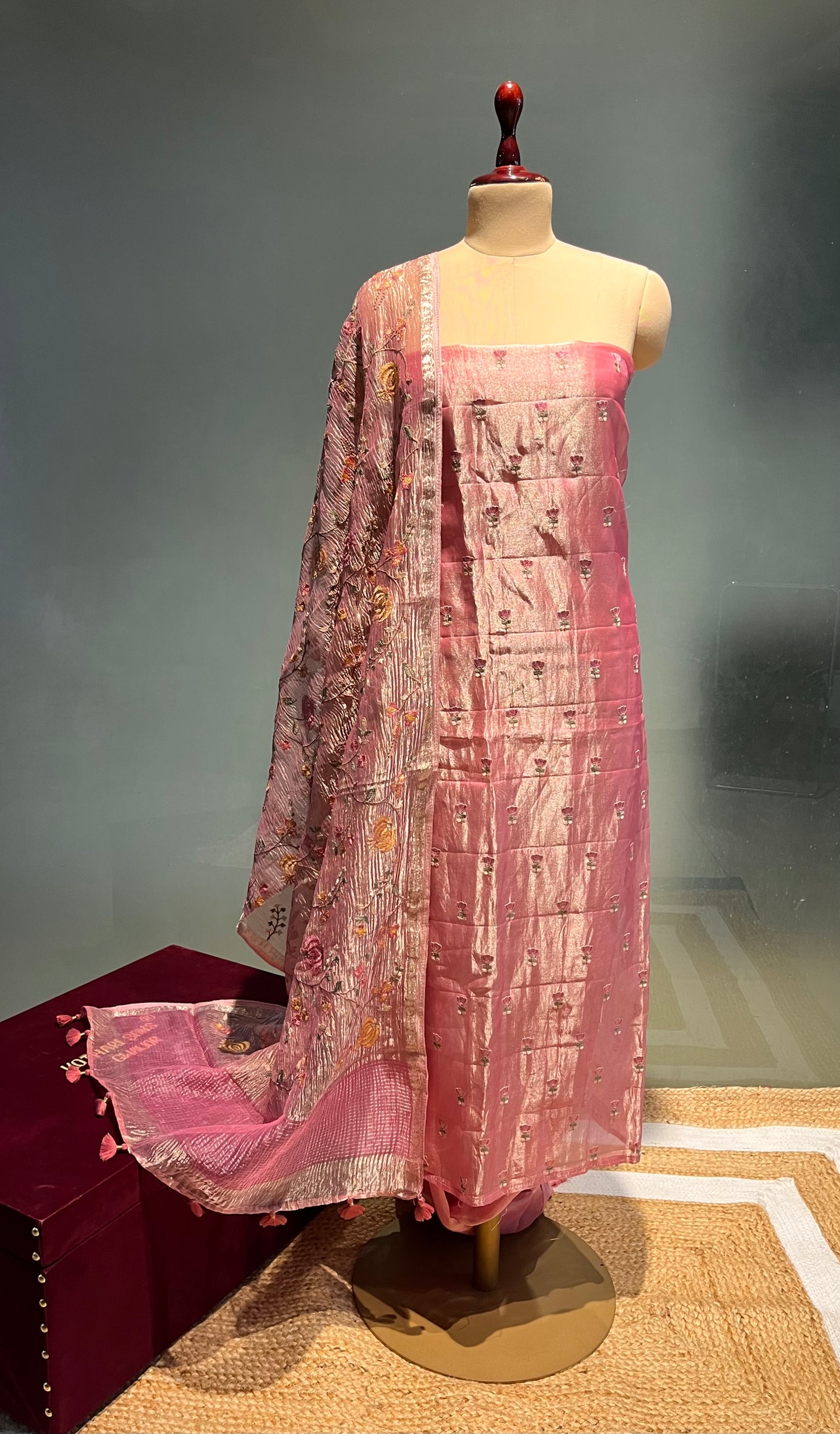 PINK COLOUR TISSUE SILK UNSTITCHED SUIT WITH CRUSHED TISSUE DUPATTA EMBELLISHED WITH RESHAM EMBROIDERY