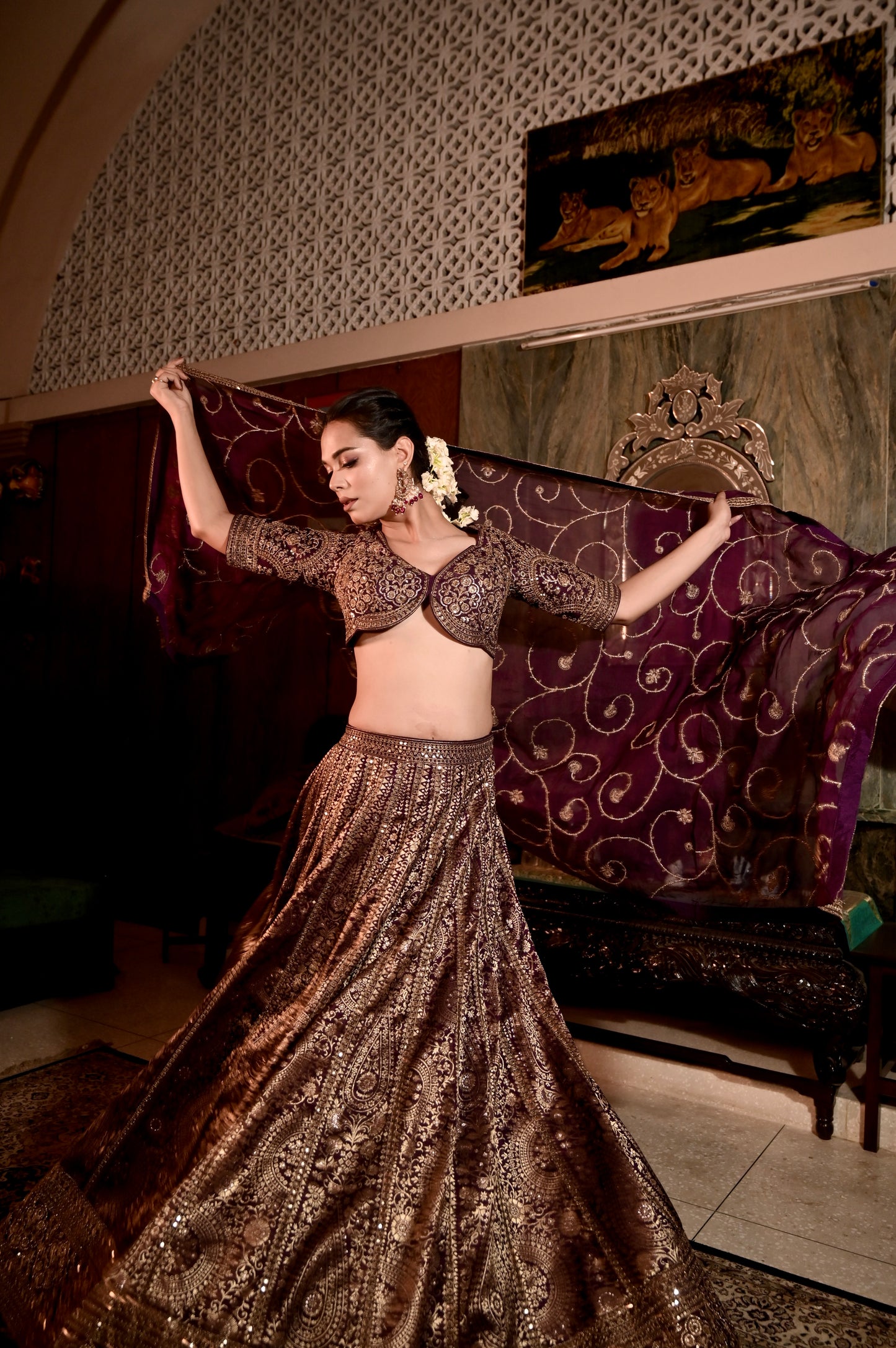 ( DELIVERY IN 30-40 DAYS ) PURPLE COLOUR BANARASI LEHENGA WITH READYMADE BLOUSE & ORGANZA DUPATTA EMBELLISHED WITH ZARI WORK
