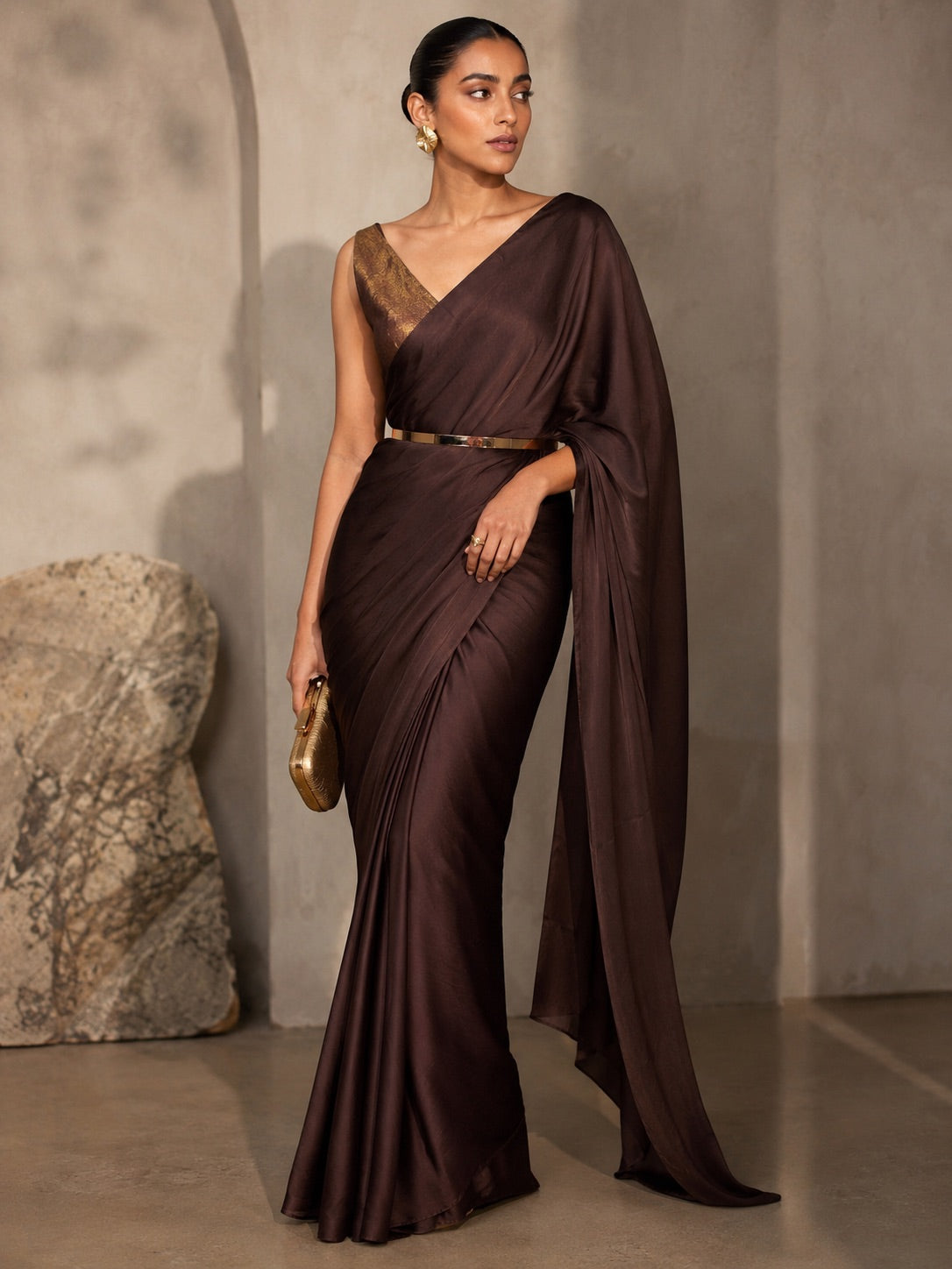 BROWN COLOUR ORGANZA SATIN SAREE WITH UNSTITCHED TISSUE BLOUSE