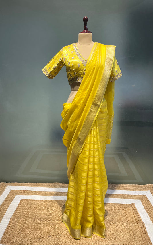 LEMON YELLOW COLOUR ORGANZA SAREE WITH READYMADE EMBROIDERED BLOUSE EMBELLISHED WITH GOTA PATTI WORK