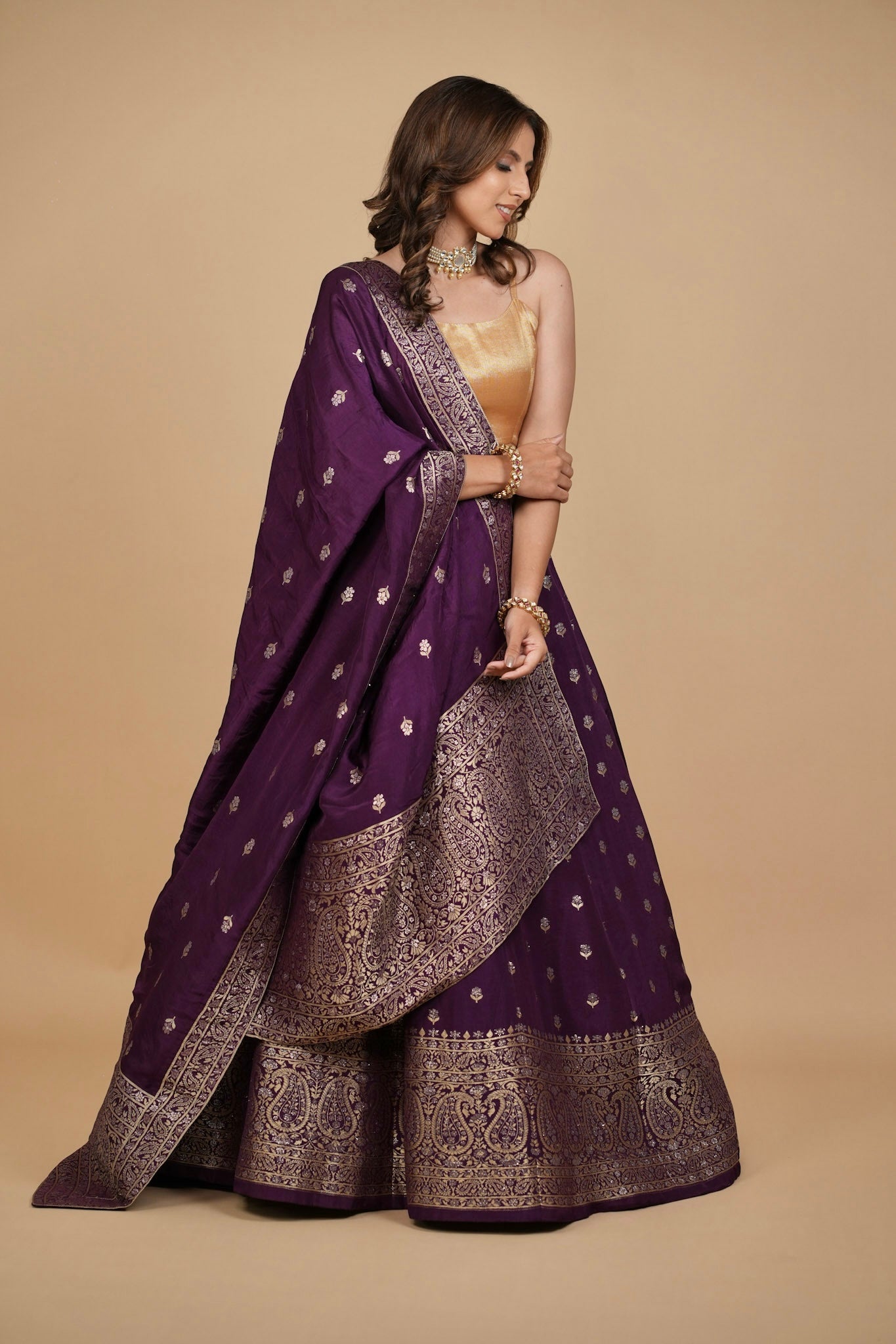 PURPLE BANARASI LEHENGA WITH DUPATTA AND MONOTONE BLOUSE