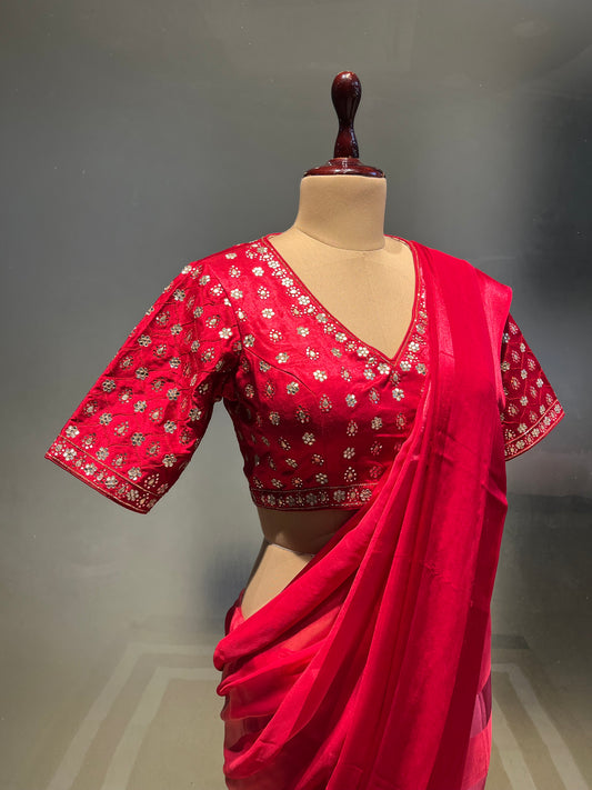 RED COLOUR CHIFFON SATIN STRIPED SAREE WITH READYMADE BLOUSE EMBELLISHED WITH MIRROR FOIL & GOTA PATTI WORK