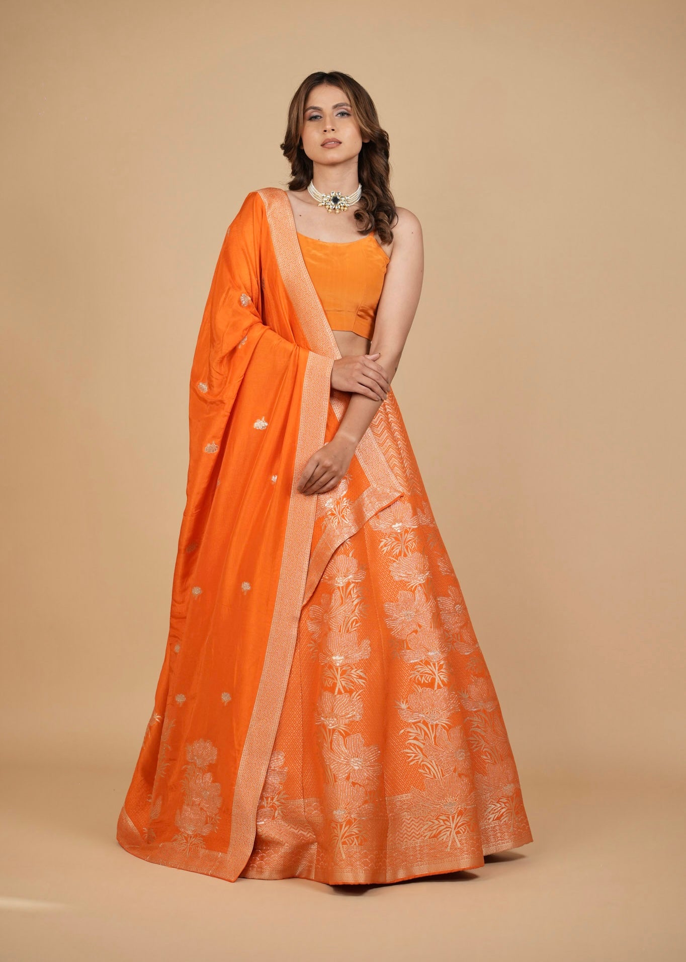 ORANGE BANARASI LEHENGA WITH DUPATTA AND MONOTONE BLOUSE