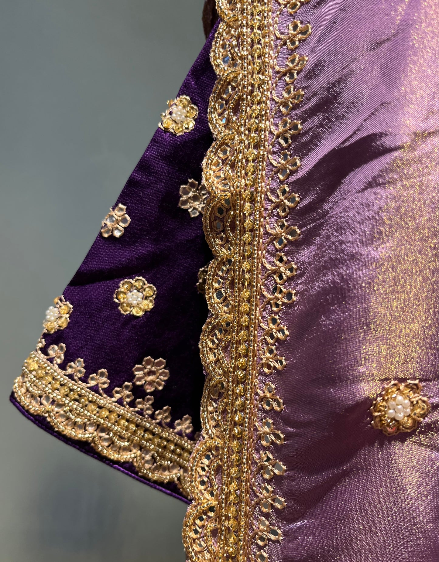 ( DELIVERY IN 25 DAYS ) LAVENDER COLOUR CREPE TISSUE EMBROIDERED SAREE WITH READYMADE BLOUSE EMBELLISHED WITH MIRROR FOIL & BEADS WORK