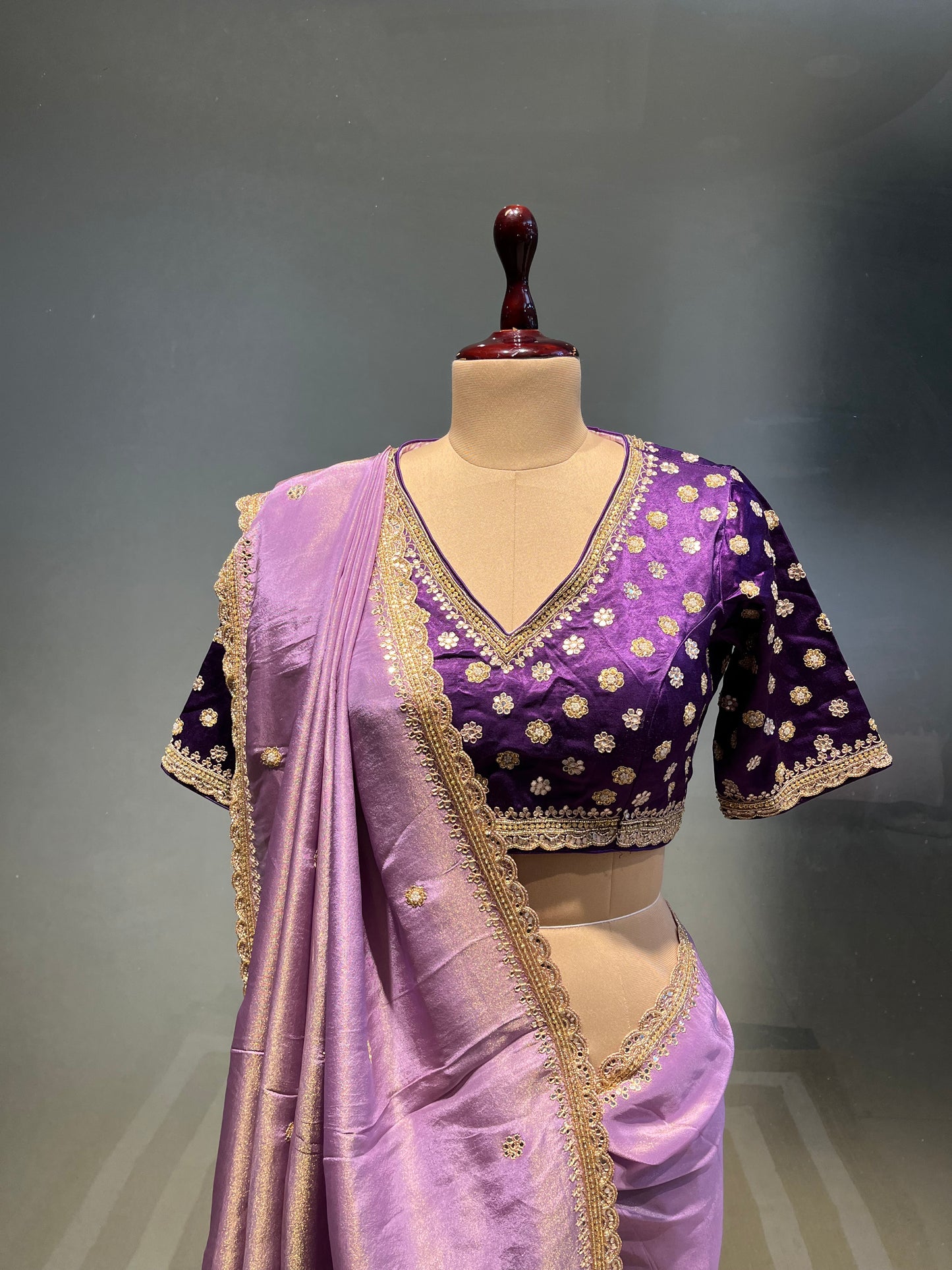 ( DELIVERY IN 25 DAYS ) LAVENDER COLOUR CREPE TISSUE EMBROIDERED SAREE WITH READYMADE BLOUSE EMBELLISHED WITH MIRROR FOIL & BEADS WORK