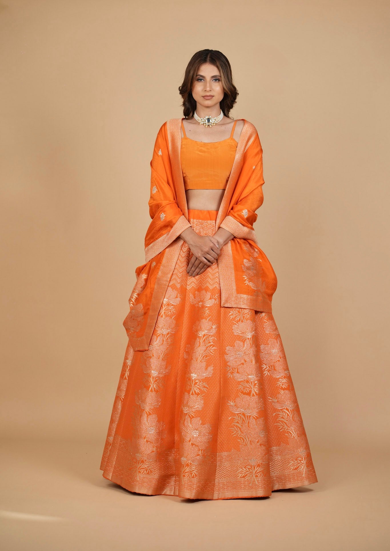 ORANGE BANARASI LEHENGA WITH DUPATTA AND MONOTONE BLOUSE