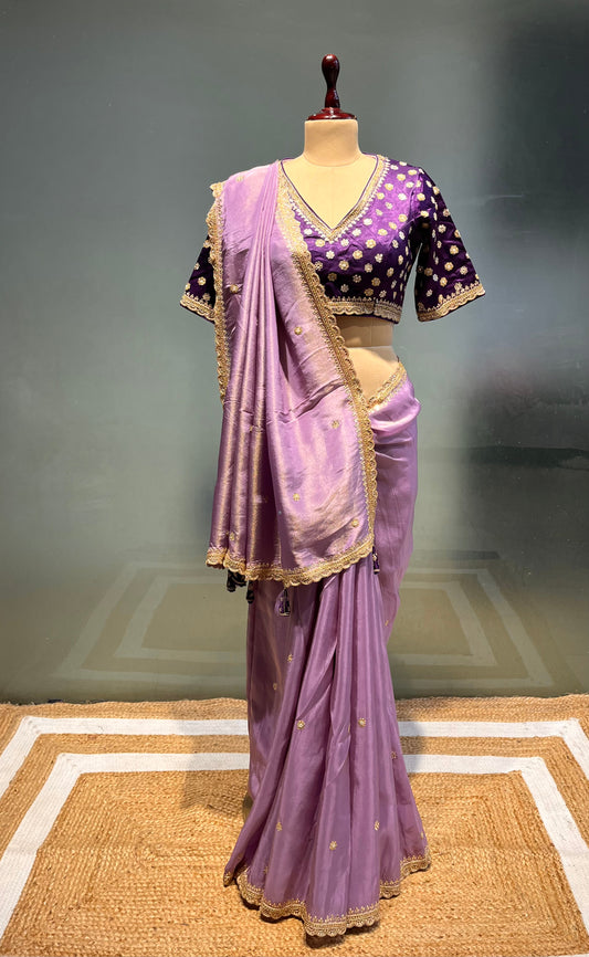 ( DELIVERY IN 25 DAYS ) LAVENDER COLOUR CREPE TISSUE EMBROIDERED SAREE WITH READYMADE BLOUSE EMBELLISHED WITH MIRROR FOIL & BEADS WORK