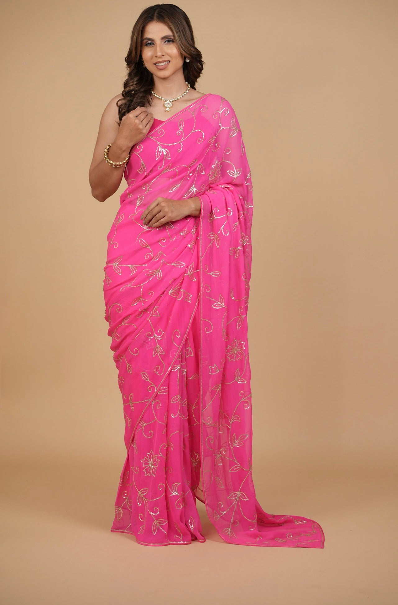 FUCHSIA COLOUR PURE PLATINUM CHIFFON SAREE WITH SEQUINS EMBROIDERED JAAL