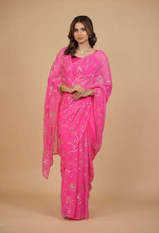 FUCHSIA COLOUR PURE PLATINUM CHIFFON SAREE WITH SEQUINS EMBROIDERED JAAL