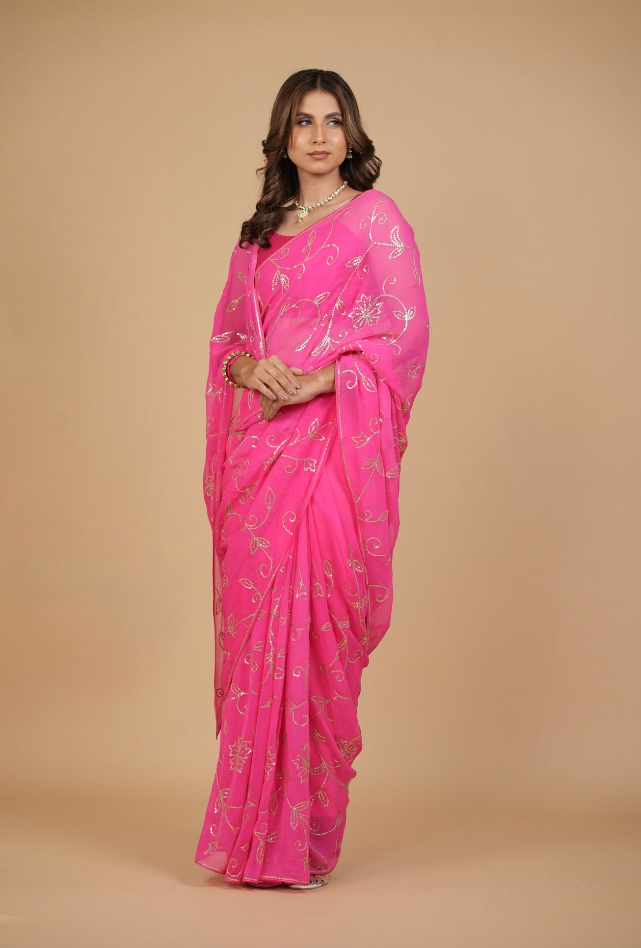 FUCHSIA COLOUR PURE PLATINUM CHIFFON SAREE WITH SEQUINS EMBROIDERED JAAL
