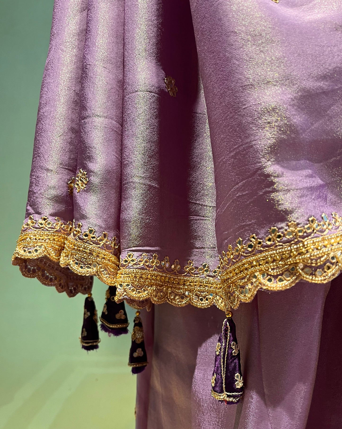 ( DELIVERY IN 25 DAYS ) LAVENDER COLOUR CREPE TISSUE EMBROIDERED SAREE WITH READYMADE BLOUSE EMBELLISHED WITH MIRROR FOIL & BEADS WORK