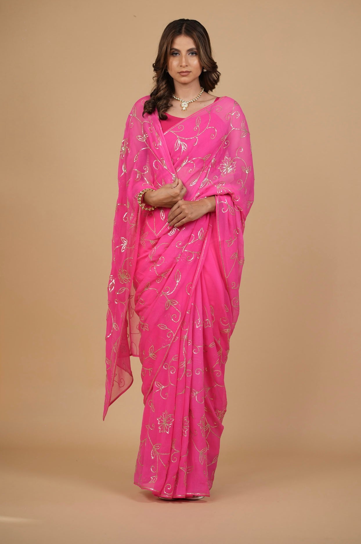 FUCHSIA COLOUR PURE PLATINUM CHIFFON SAREE WITH SEQUINS EMBROIDERED JAAL
