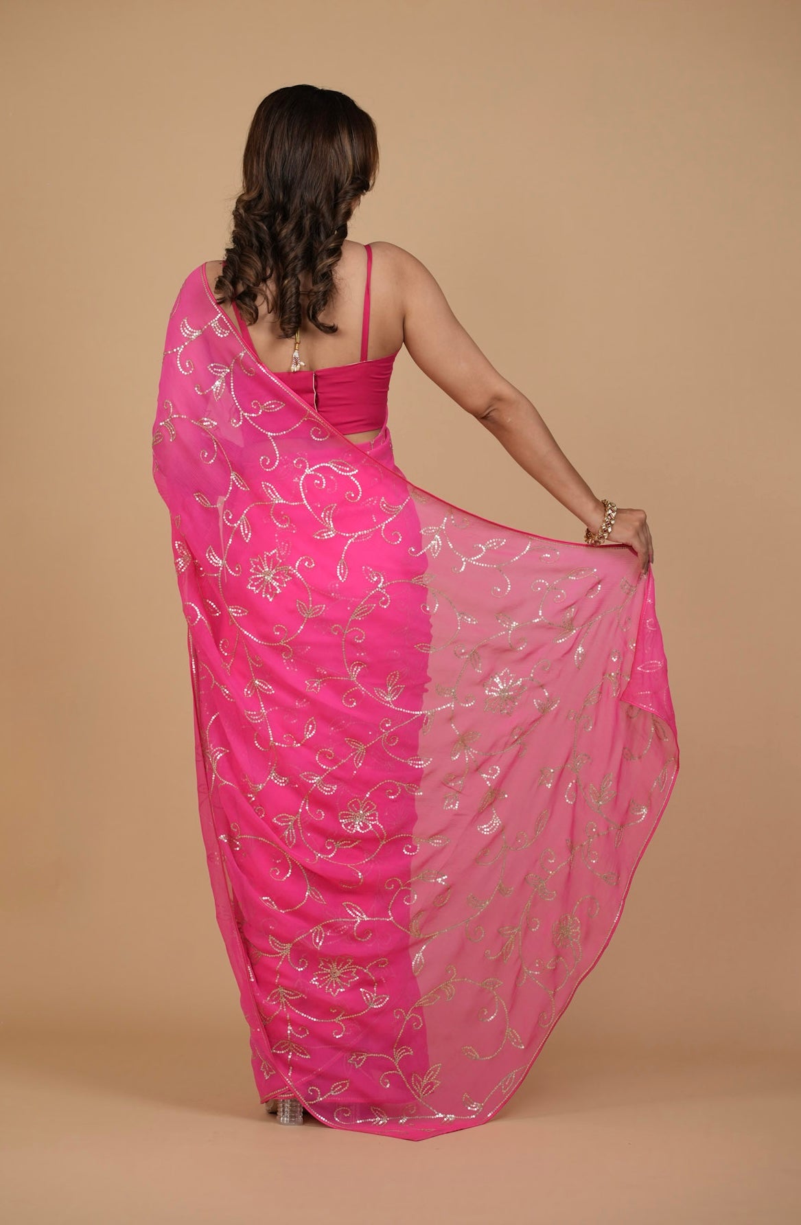 FUCHSIA COLOUR PURE PLATINUM CHIFFON SAREE WITH SEQUINS EMBROIDERED JAAL