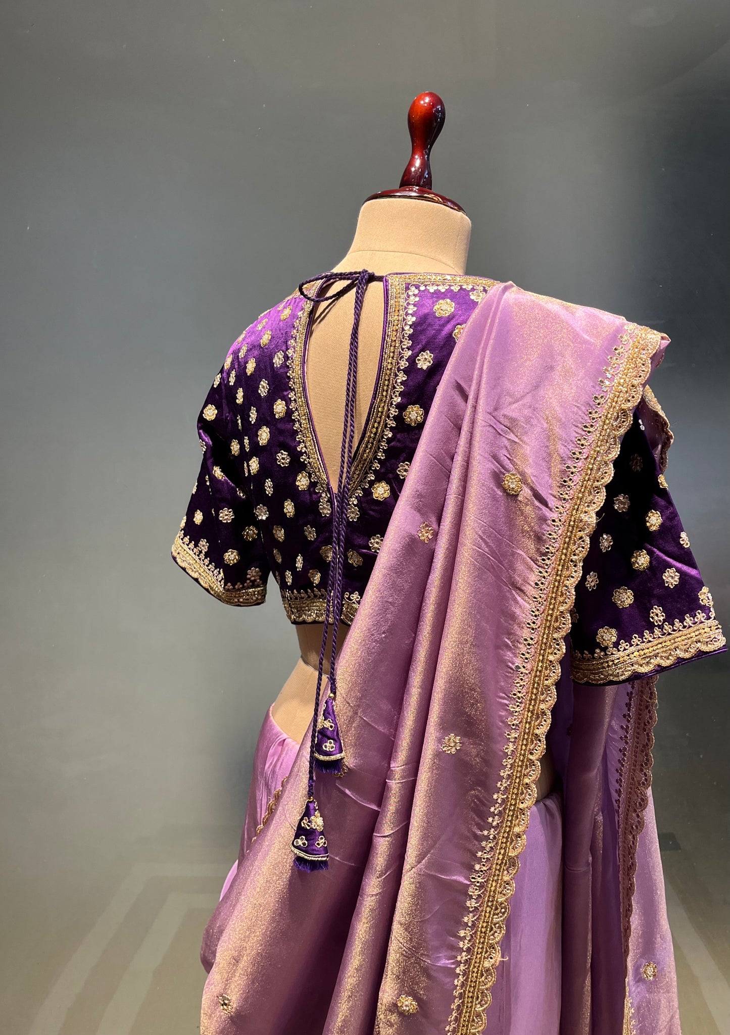 ( DELIVERY IN 25 DAYS ) LAVENDER COLOUR CREPE TISSUE EMBROIDERED SAREE WITH READYMADE BLOUSE EMBELLISHED WITH MIRROR FOIL & BEADS WORK