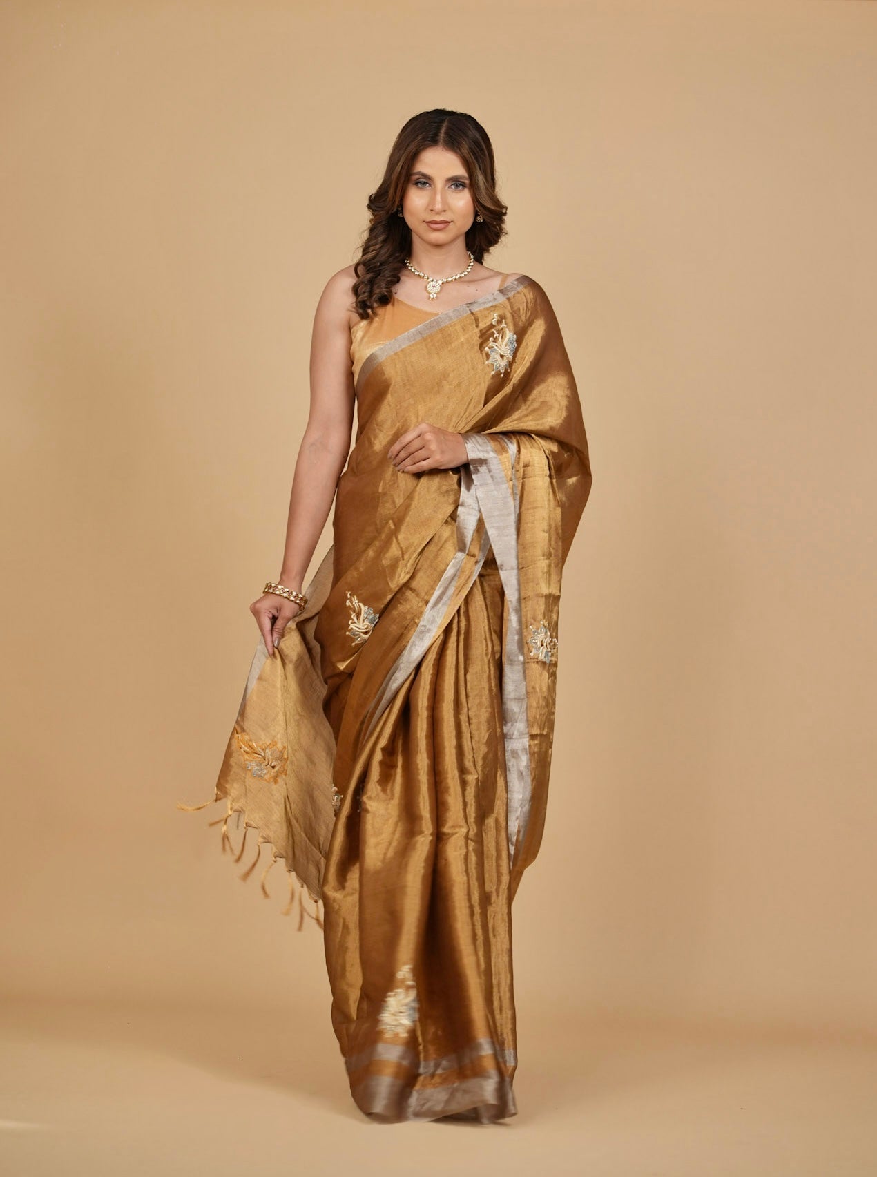 ANTIQUE GOLD CHANDERI SOFT TISSUE SAREE WITH ZARDOZI WORK MOTIFS