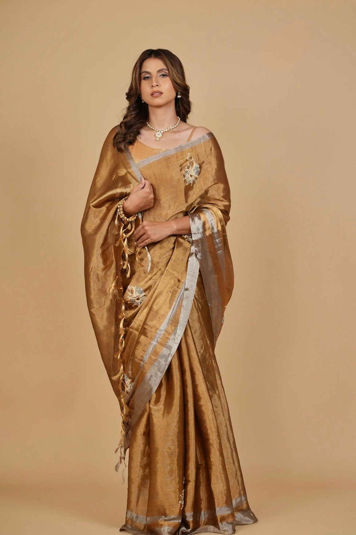 ANTIQUE GOLD CHANDERI SOFT TISSUE SAREE WITH ZARDOZI WORK MOTIFS