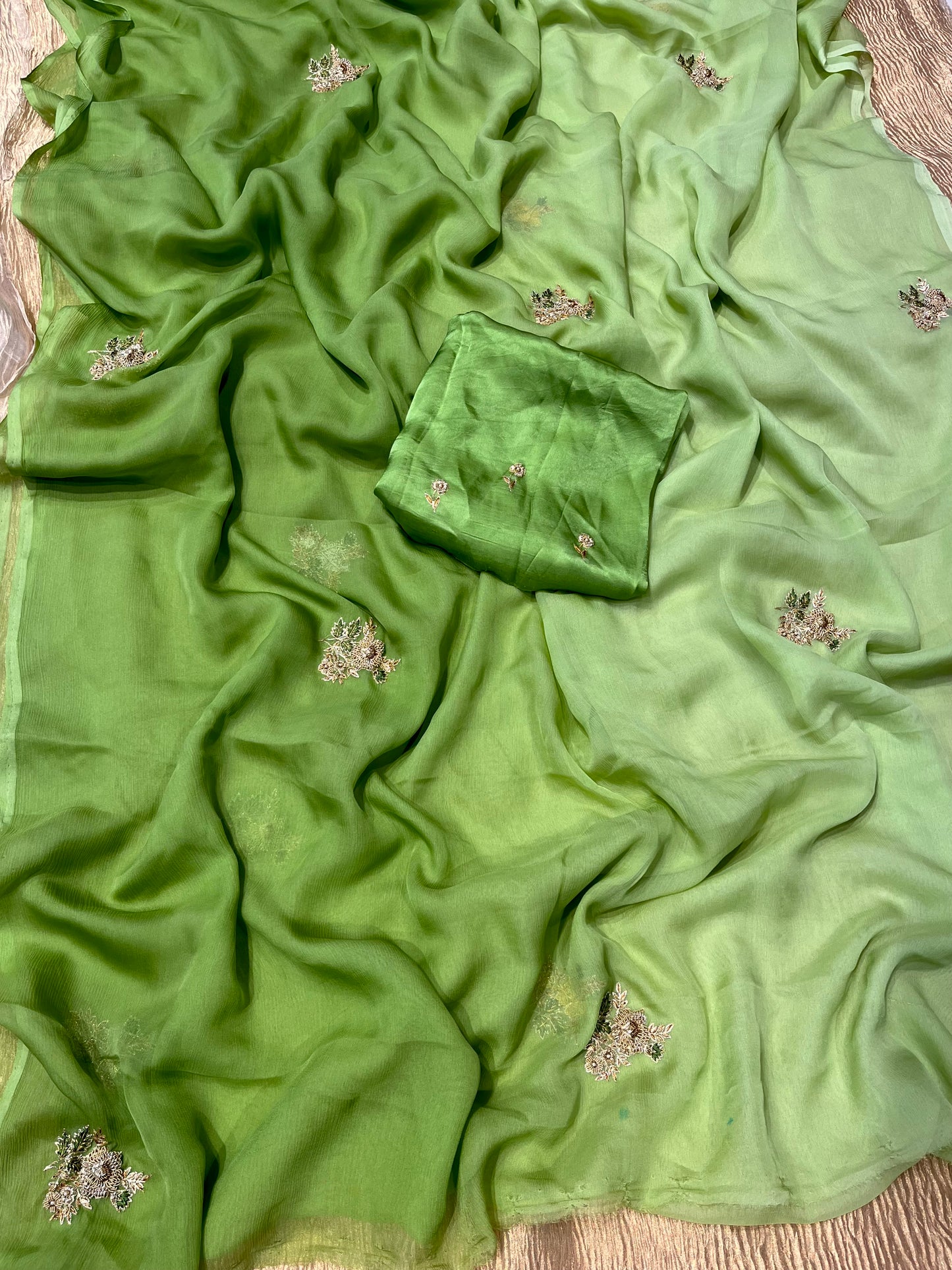 ( DELIVERY IN 30 DAYS ) PASTEL GREEN COLOUR SHADED PURE CHIFFON HAND EMBROIDERED SAREE