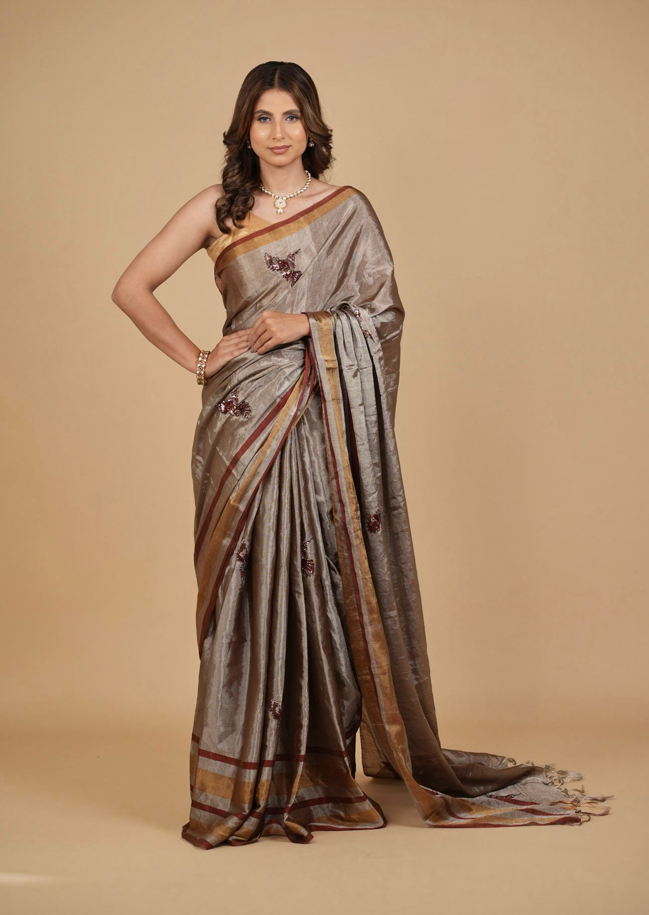 PURE CHANDERI TISSUE SAREE WITH OXIDISED SILVER AND COPPER ZARI WEAVE AND HAND-EMBROIDERED BIRD MOTIFS