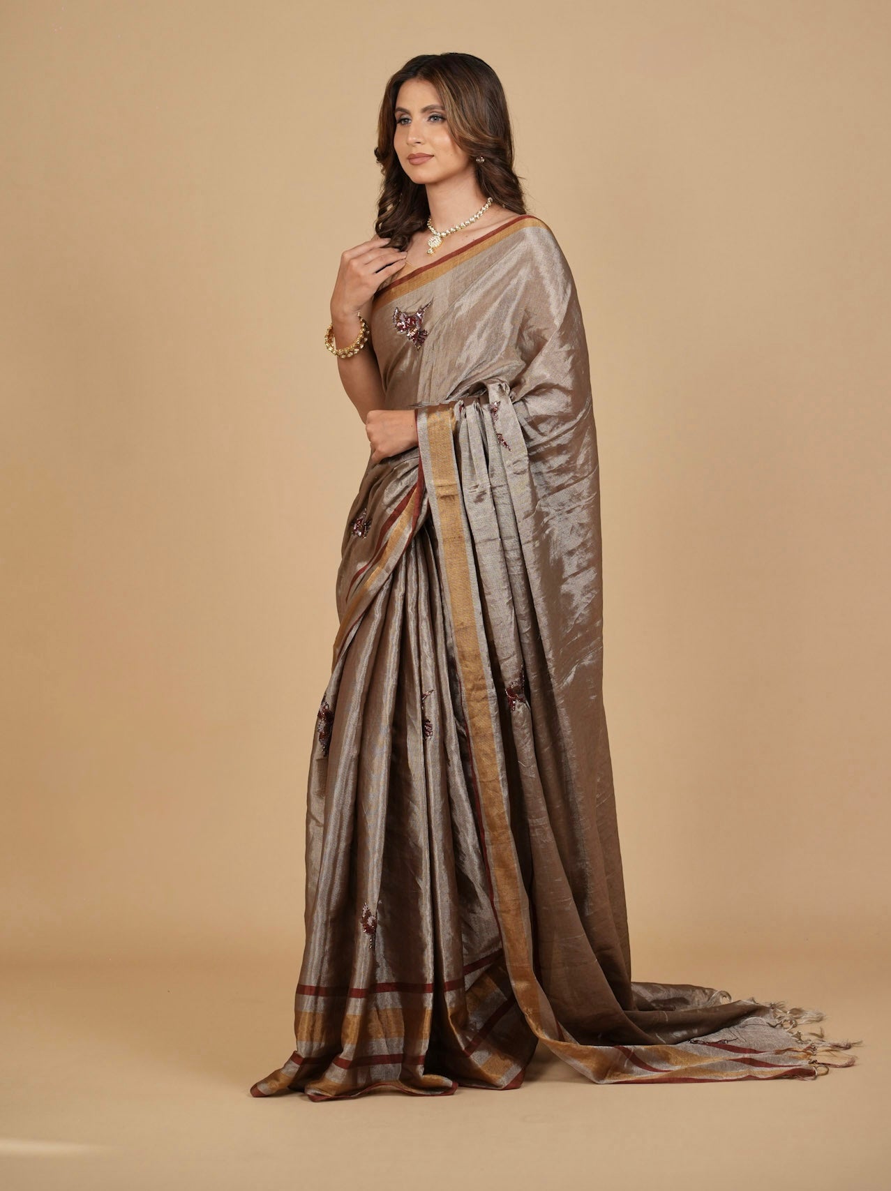 PURE CHANDERI TISSUE SAREE WITH OXIDISED SILVER AND COPPER ZARI WEAVE AND HAND-EMBROIDERED BIRD MOTIFS