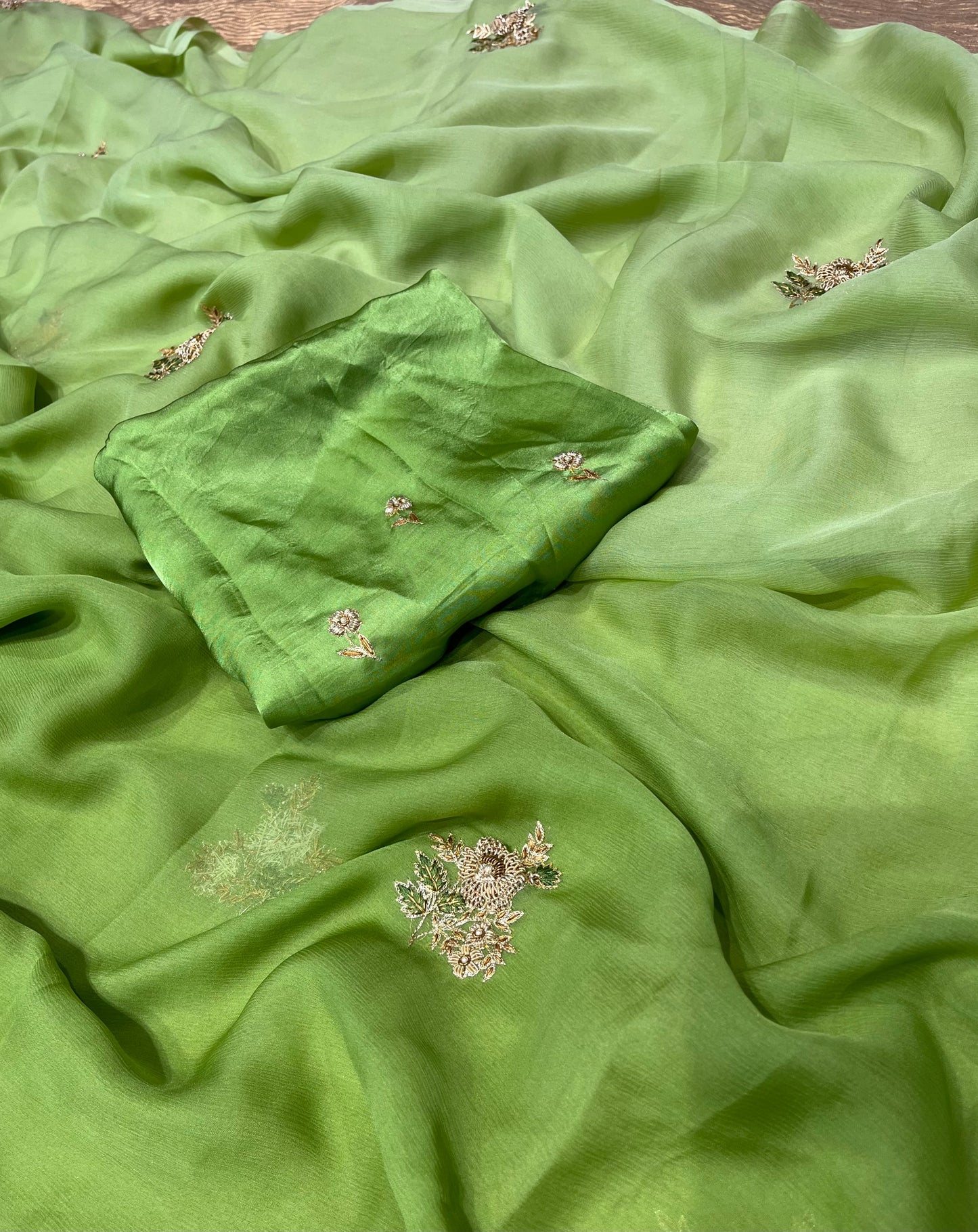 ( DELIVERY IN 30 DAYS ) PASTEL GREEN COLOUR SHADED PURE CHIFFON HAND EMBROIDERED SAREE