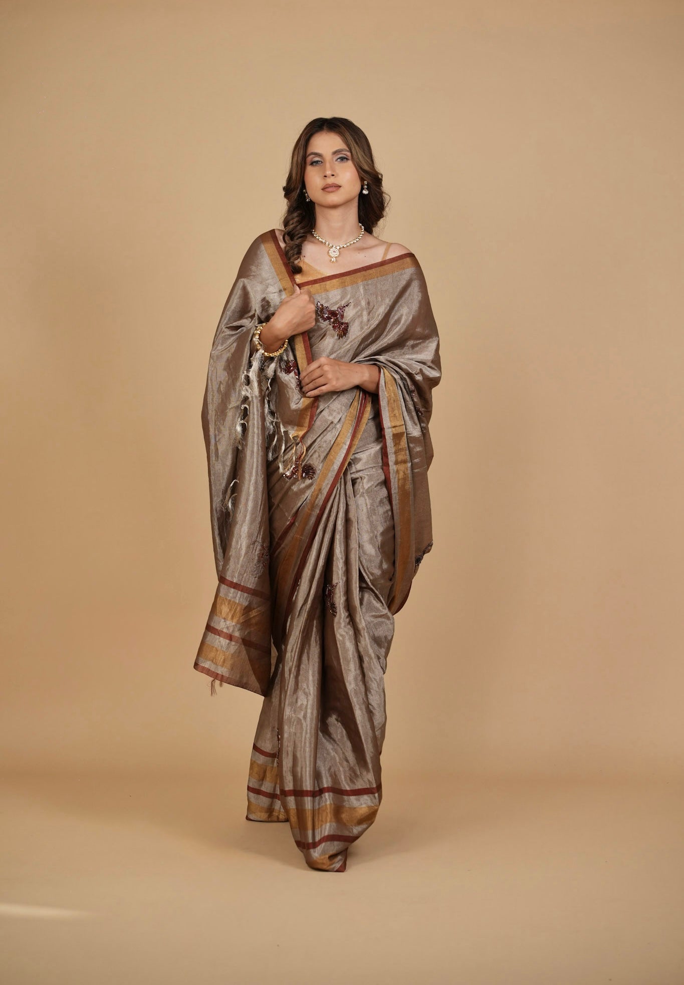 PURE CHANDERI TISSUE SAREE WITH OXIDISED SILVER AND COPPER ZARI WEAVE AND HAND-EMBROIDERED BIRD MOTIFS
