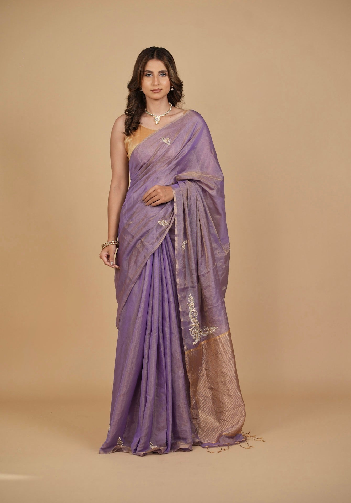 LILAC CHANDERI TISSUE SAREE WITH INTRICATE GOLDEN ZARDOZI MOTIFS
