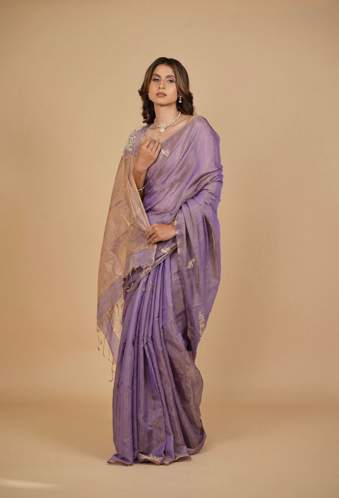 LILAC CHANDERI TISSUE SAREE WITH INTRICATE GOLDEN ZARDOZI MOTIFS