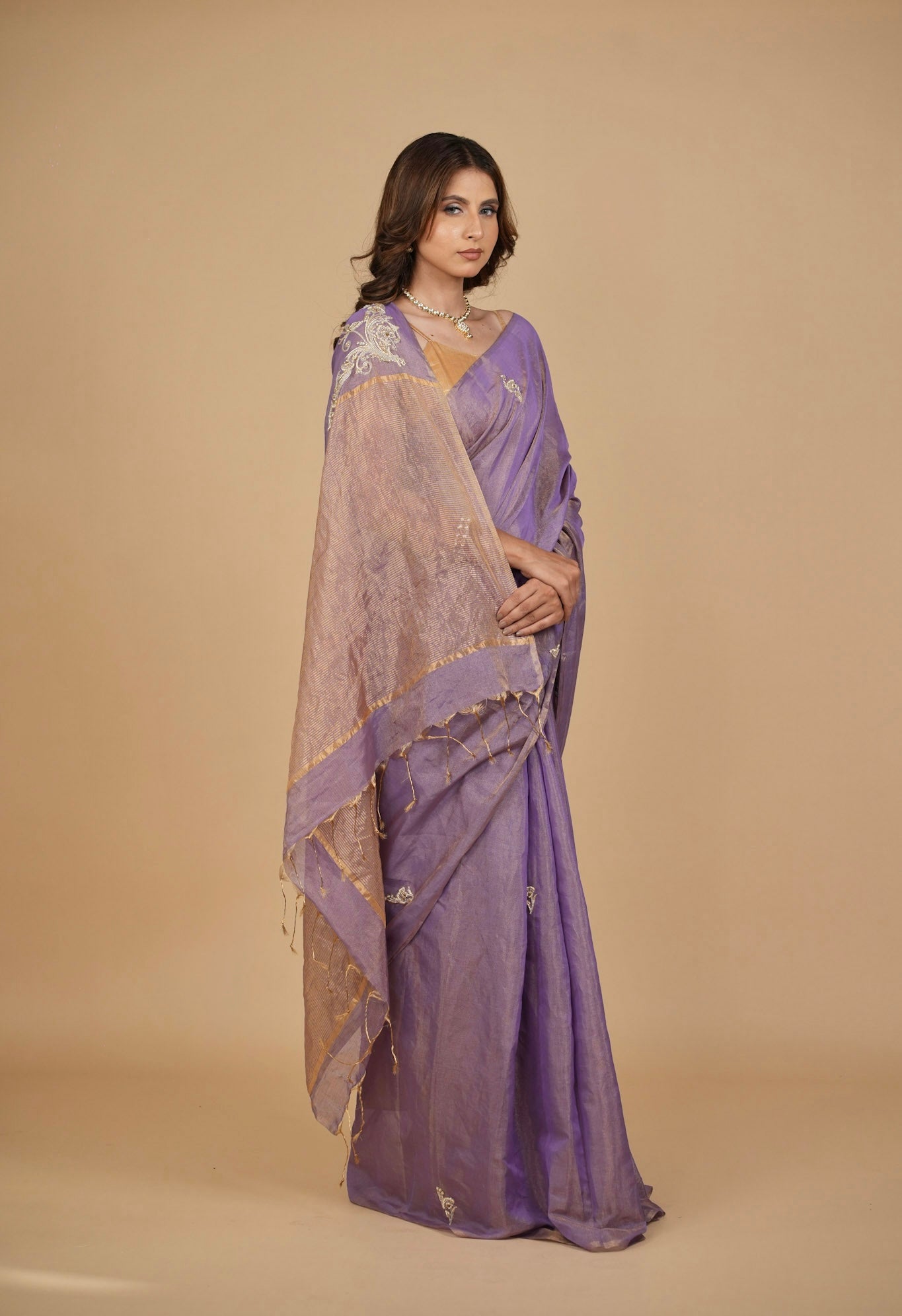 LILAC CHANDERI TISSUE SAREE WITH INTRICATE GOLDEN ZARDOZI MOTIFS