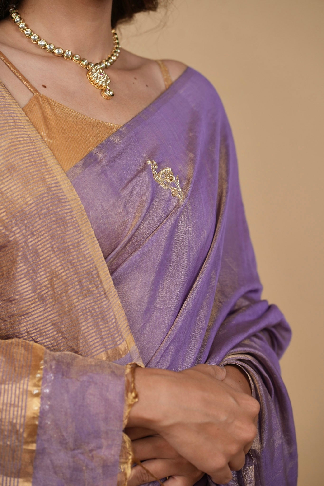 LILAC CHANDERI TISSUE SAREE WITH INTRICATE GOLDEN ZARDOZI MOTIFS