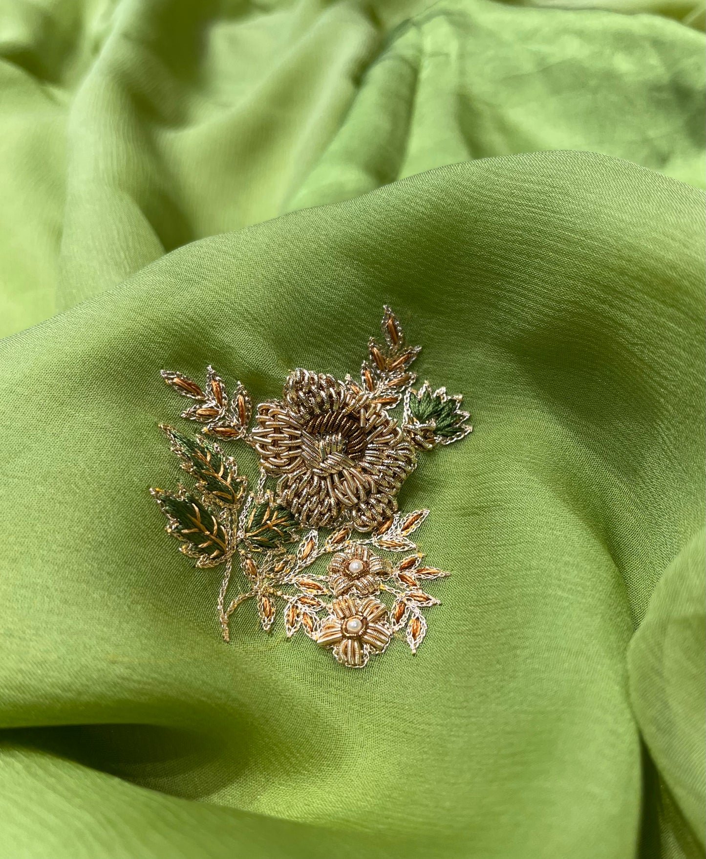 ( DELIVERY IN 30 DAYS ) PASTEL GREEN COLOUR SHADED PURE CHIFFON HAND EMBROIDERED SAREE