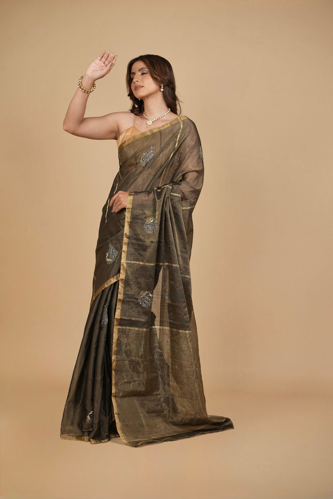 BLACK ANTIQUE TISSUE CHANDERI SAREE WITH BLACK OXIDISED HAND EMBROIDERED MOTIFS