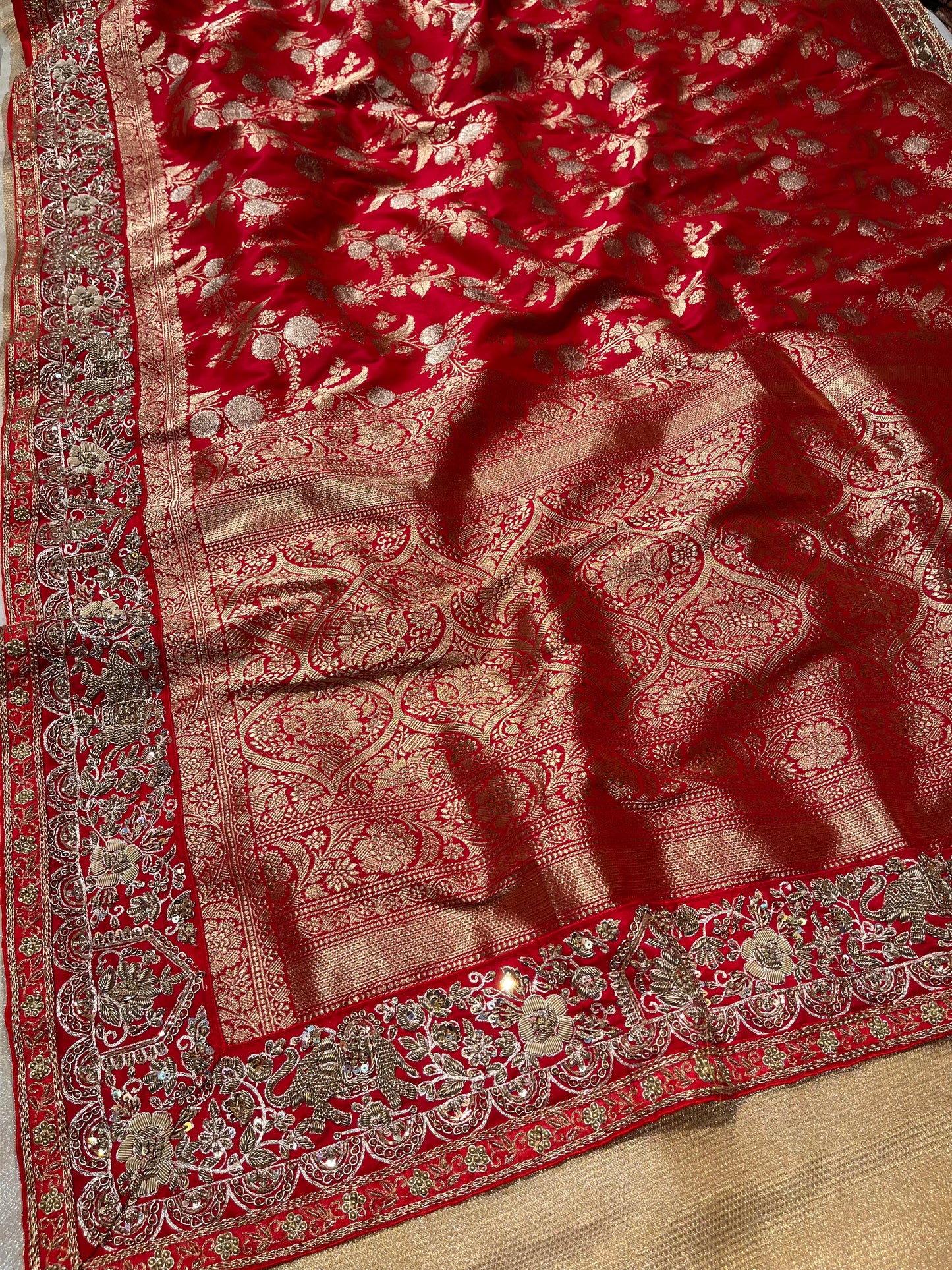 RED COLOUR HAND EMBROIDERED BANARASI SAREE EMBELLISHED WITH ZARDOZI WORK