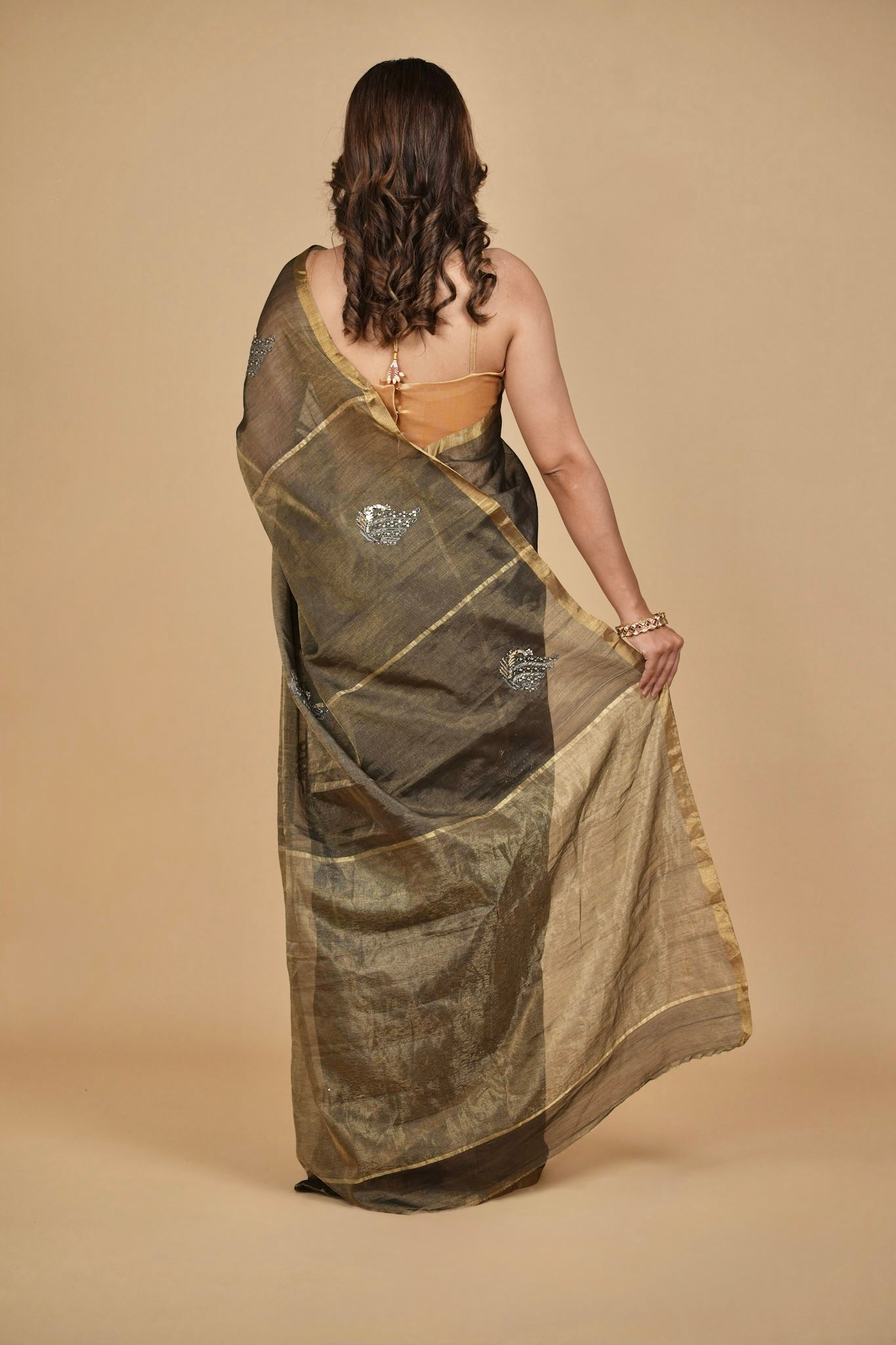 BLACK ANTIQUE TISSUE CHANDERI SAREE WITH BLACK OXIDISED HAND EMBROIDERED MOTIFS