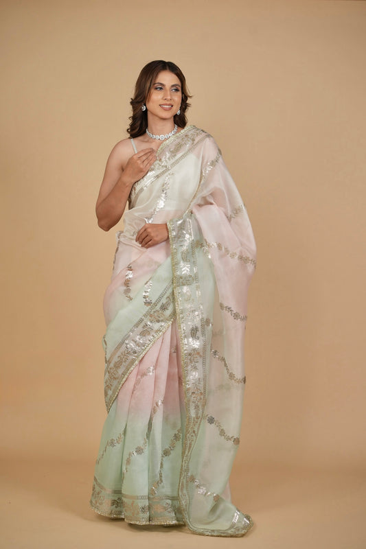 OMBRÉ DYED PURE ORGANZA SILK SAREE WITH BADLA EMBROIDERY AND FRINGE