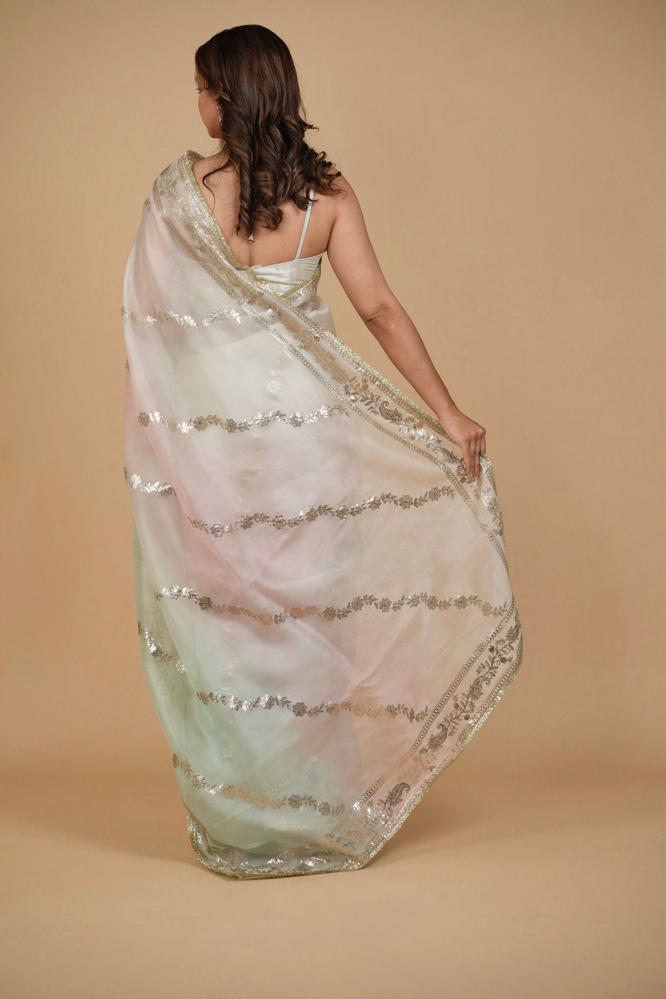 OMBRÉ DYED PURE ORGANZA SILK SAREE WITH BADLA EMBROIDERY AND FRINGE