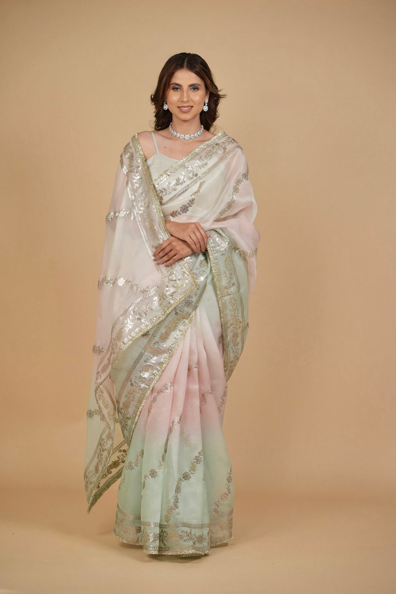 OMBRÉ DYED PURE ORGANZA SILK SAREE WITH BADLA EMBROIDERY AND FRINGE
