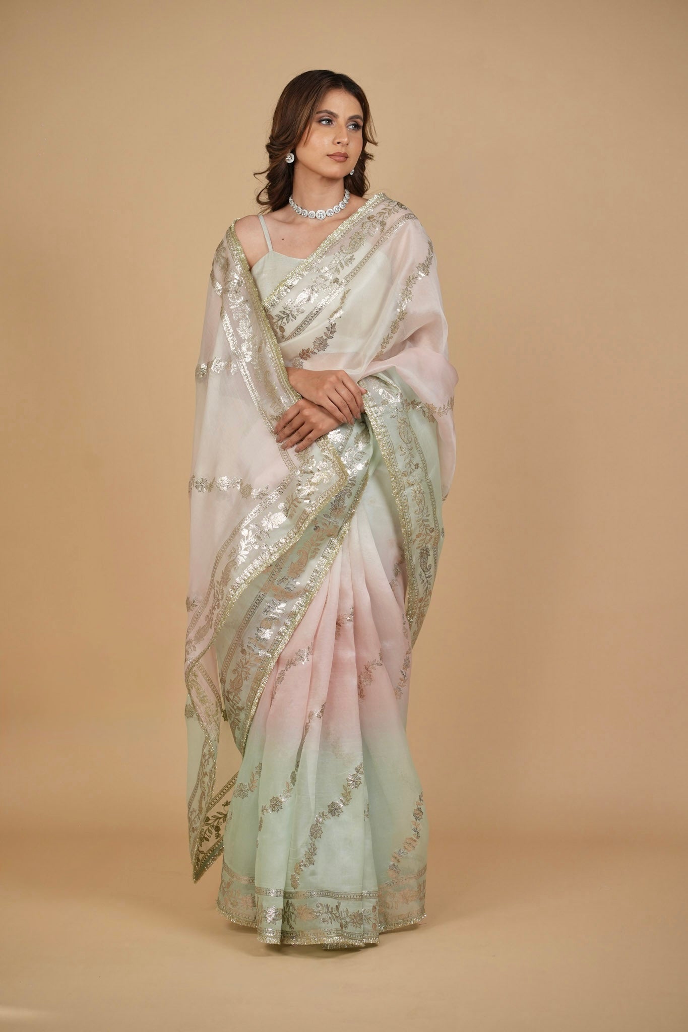 OMBRÉ DYED PURE ORGANZA SILK SAREE WITH BADLA EMBROIDERY AND FRINGE