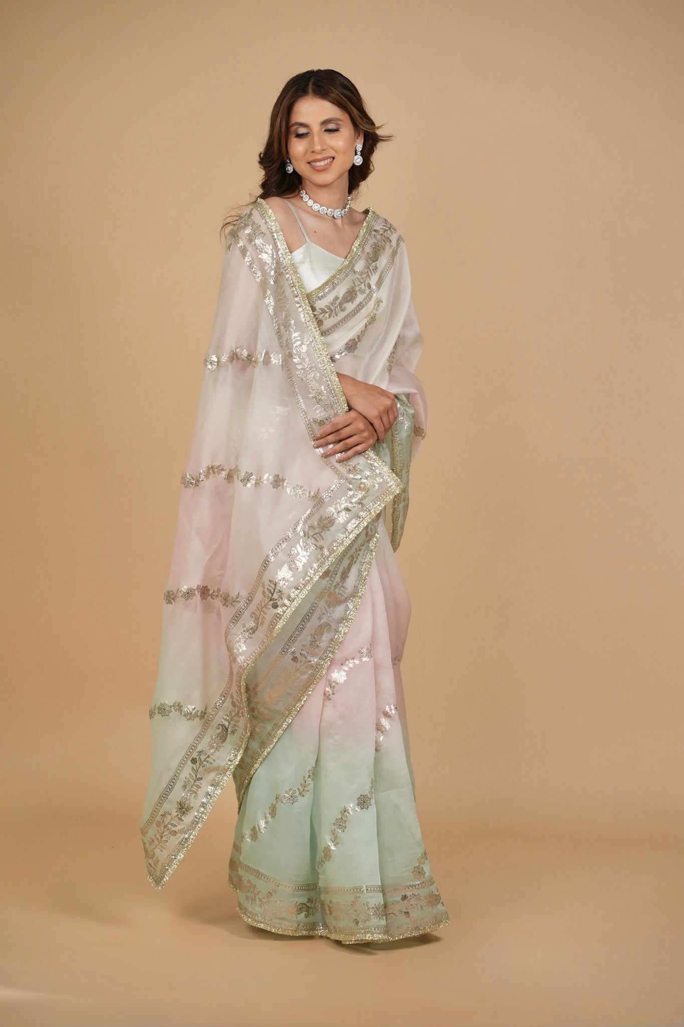 OMBRÉ DYED PURE ORGANZA SILK SAREE WITH BADLA EMBROIDERY AND FRINGE
