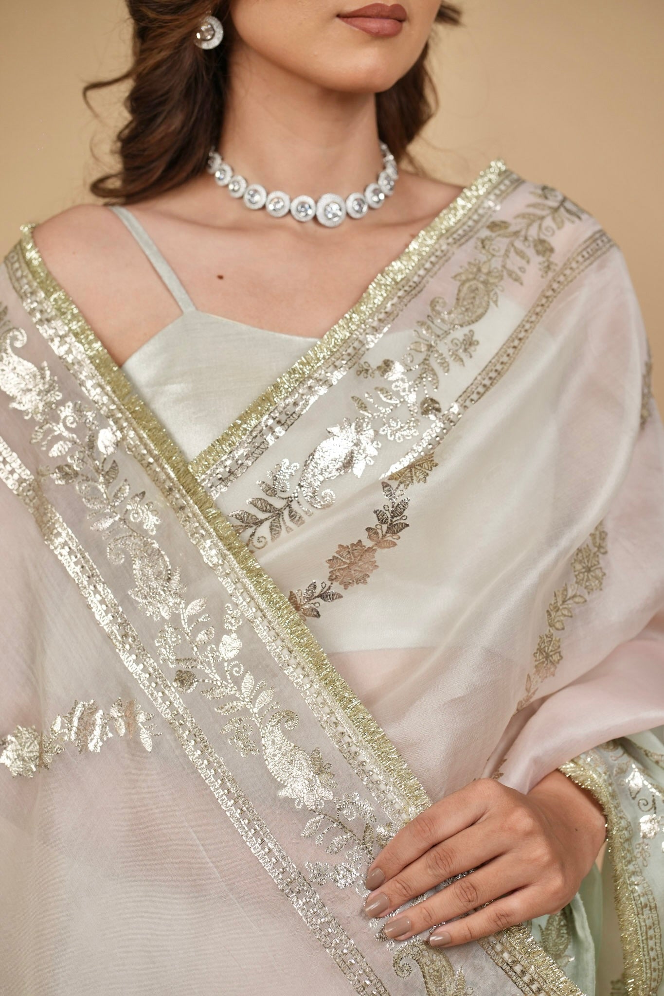 OMBRÉ DYED PURE ORGANZA SILK SAREE WITH BADLA EMBROIDERY AND FRINGE