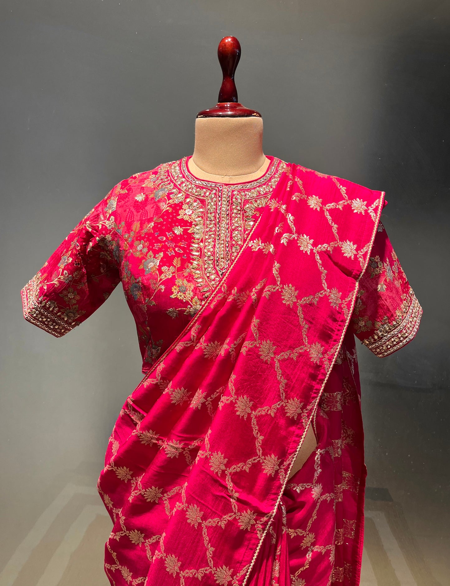 ( DELIVERY IN 20-25 DAYS ) HOT PINK COLOUR DOLA SILK SAREE WITH READYMADE BLOUSE EMBELLISHED WITH GOTA PATTI WORK