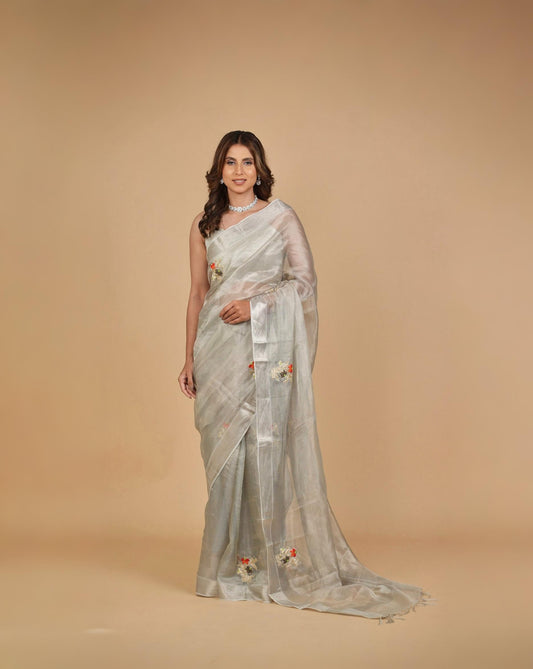 MACLENO WEAVE SILVER SAREE WITH BEADS AND ZARDOZI WORK