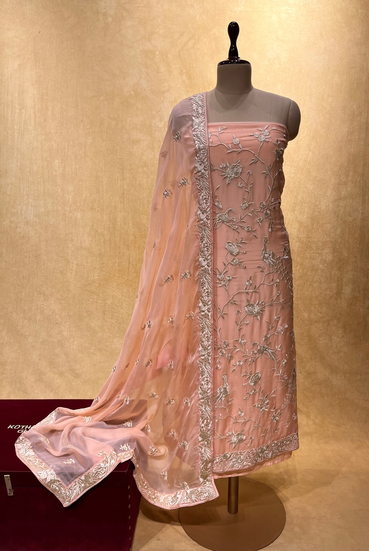 PEACH COLOUR ORGANZA PARSI WORK UNSTITCHED SUIT