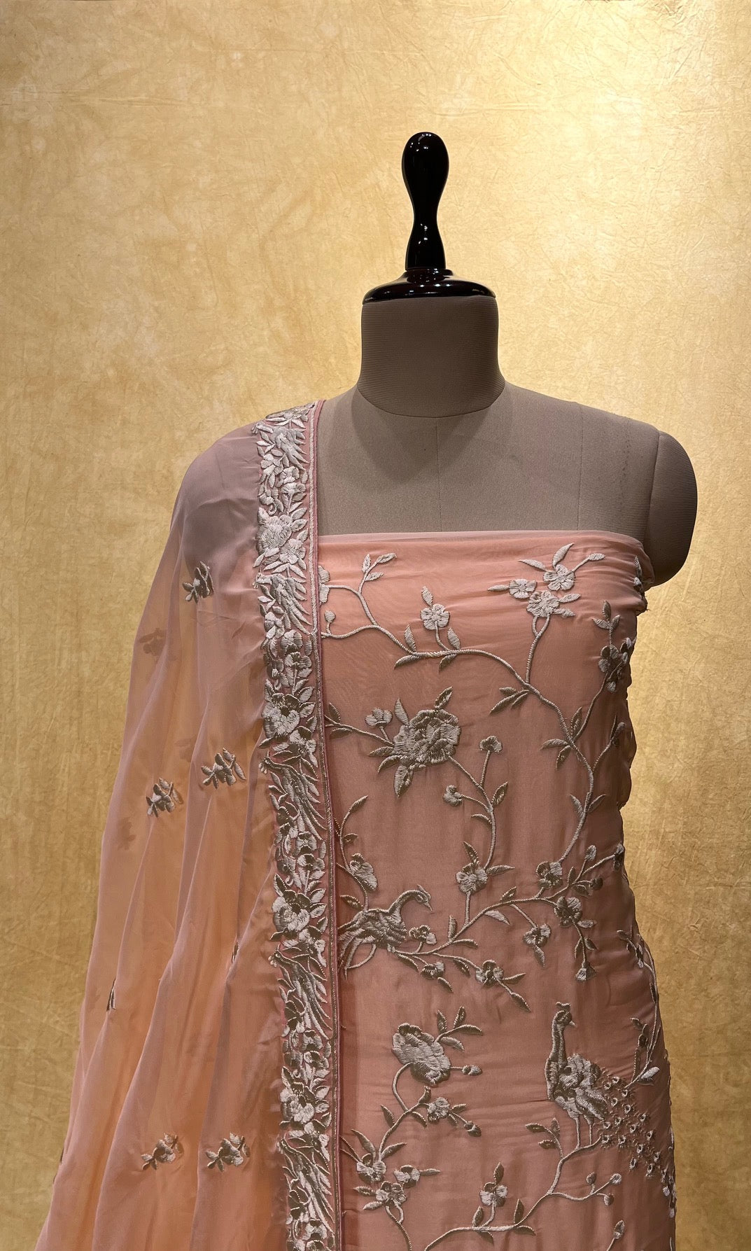 PEACH COLOUR ORGANZA PARSI WORK UNSTITCHED SUIT