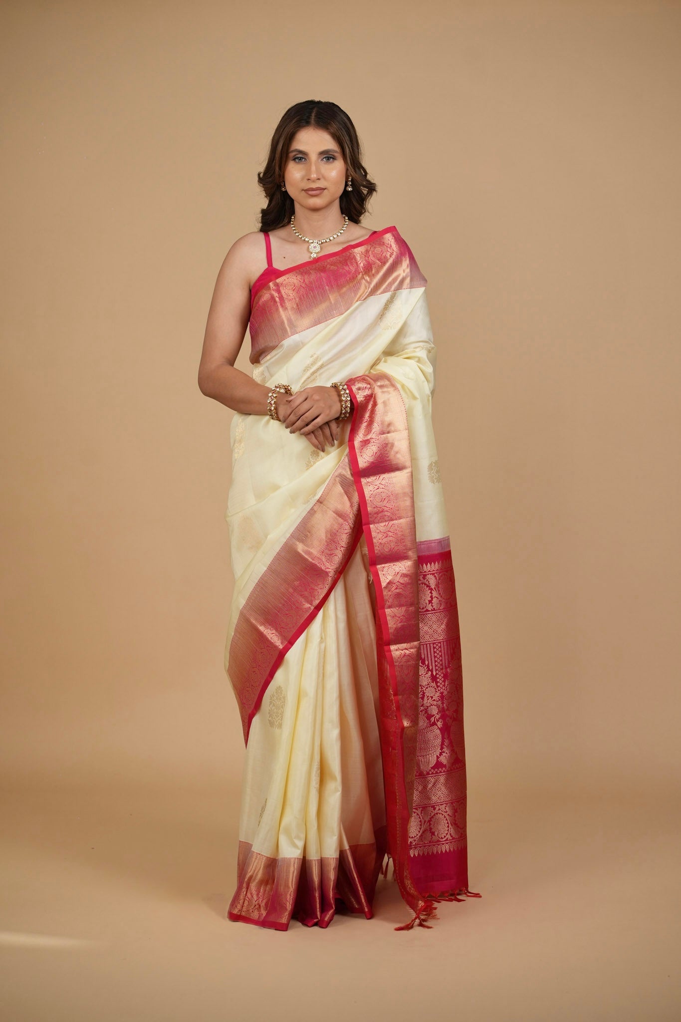 IVORY COLOUR PURE SILK KANJIVARAM SAREE WITH PINK BORDER, PALLA & BLOUSE