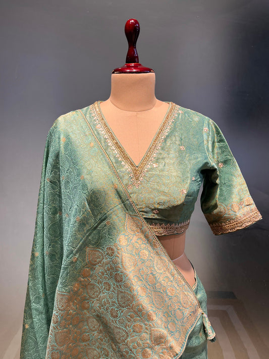 PINE GREEN COLOUR TANCHOI WEAVE BANARASI SAREE WITH READYMADE BLOUSE EMBELLISHED WITH BEADS WORK