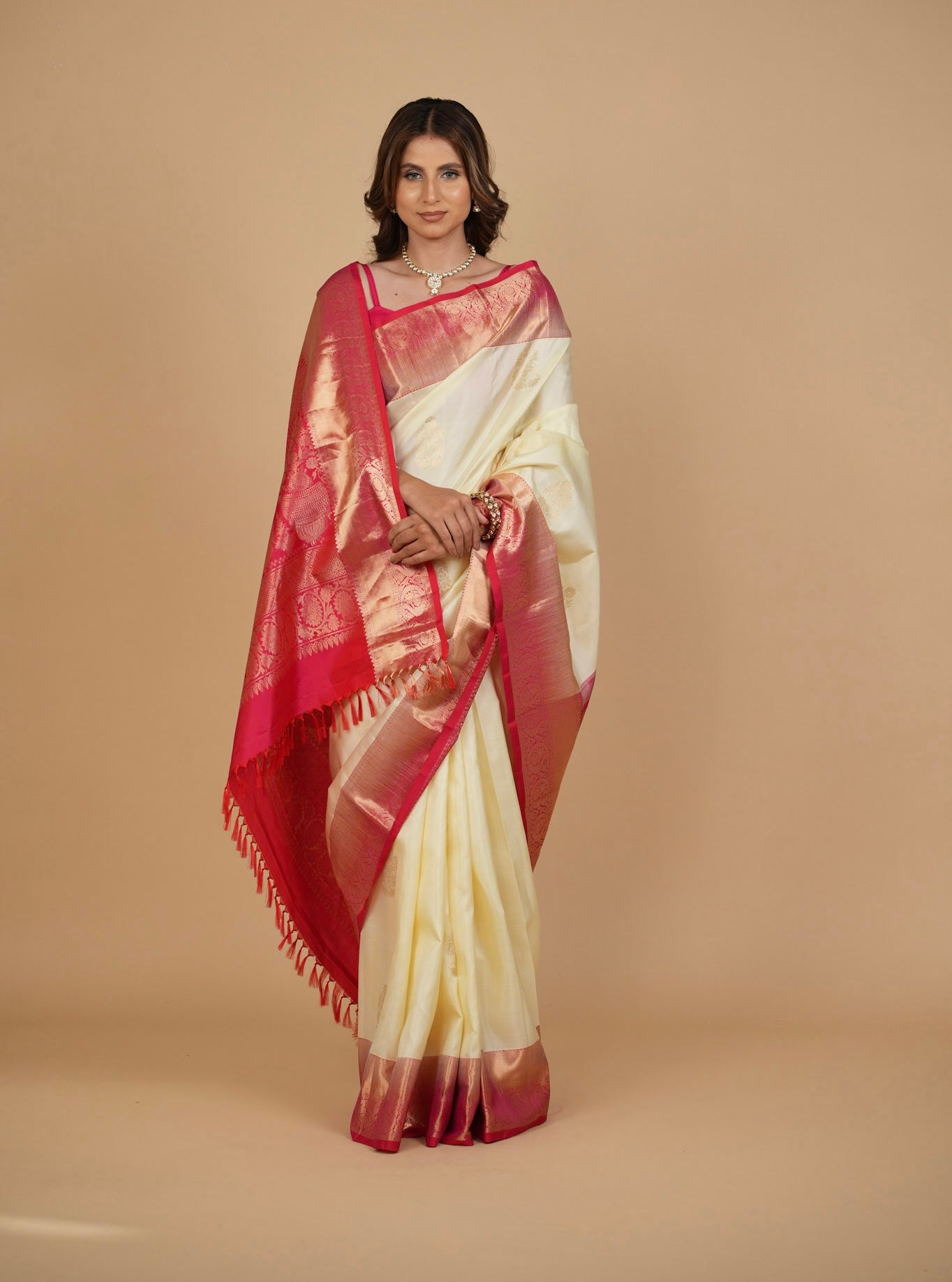 IVORY COLOUR PURE SILK KANJIVARAM SAREE WITH PINK BORDER, PALLA & BLOUSE
