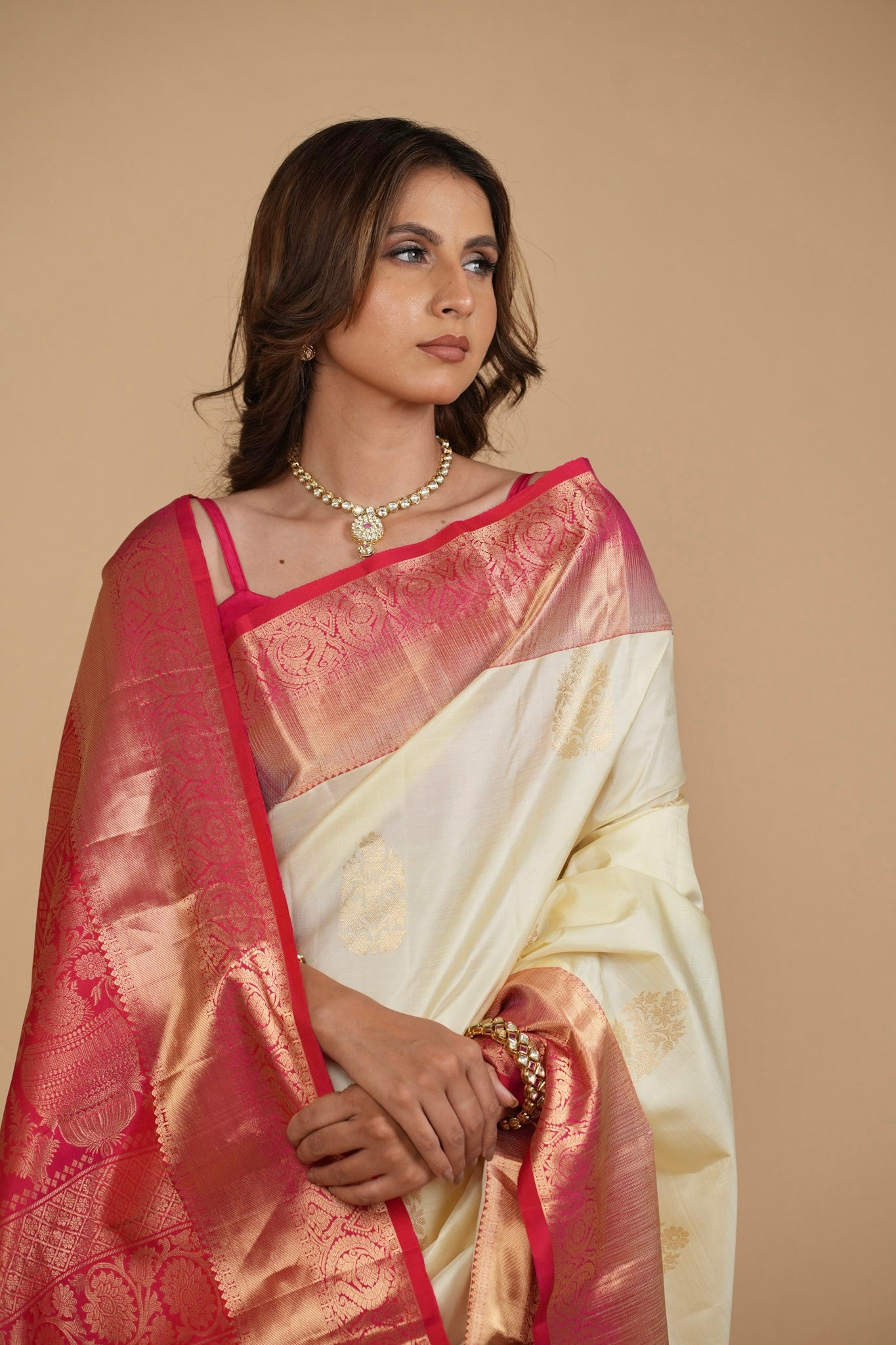 IVORY COLOUR PURE SILK KANJIVARAM SAREE WITH PINK BORDER, PALLA & BLOUSE